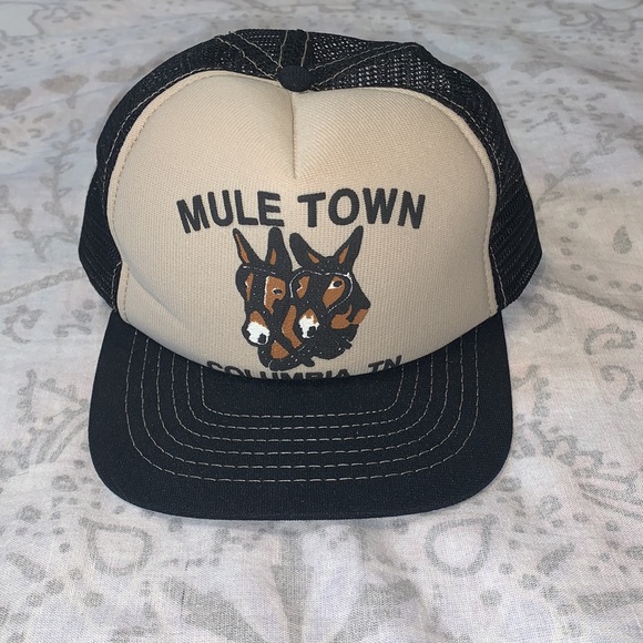 Vinatge Mule Town Columbia Tennessee Trucker Black Cream Snapback Hat Cap - Picture 1 of 7